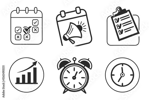 Icons depict schedule and time management isolated on white background