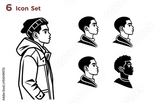 Set of six profile portraits isolated on white background