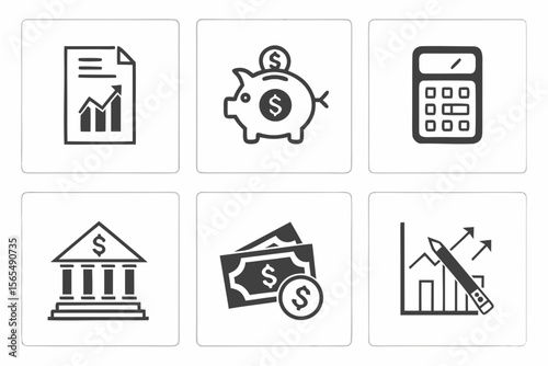 Icons depict finance, investment, banking, and economic growth