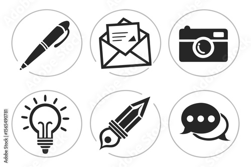 Icons of pen, camera, and lightbulb isolated on white background