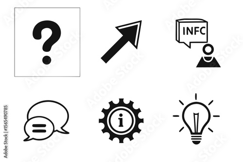 Icons of question mark, arrow, and lightbulb isolated on white background