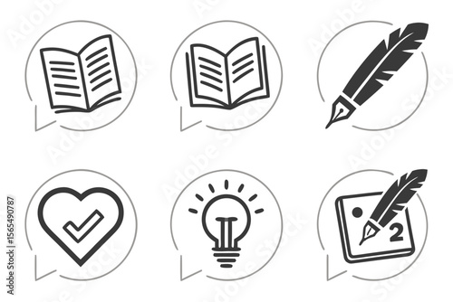Icons of books, feather pen, and lightbulb isolated on white background
