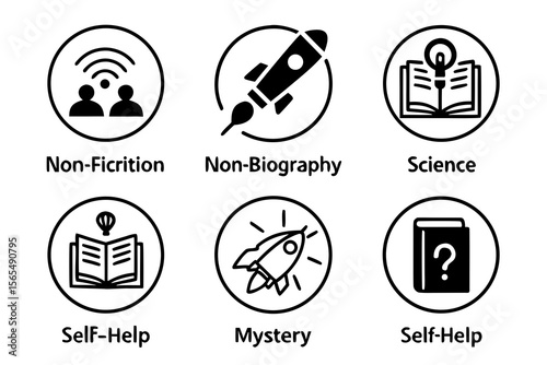 Icons of books and genres isolated on white background