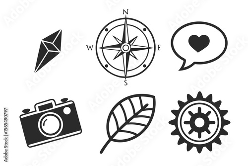 Icons of crystal, compass, and camera isolated on white background