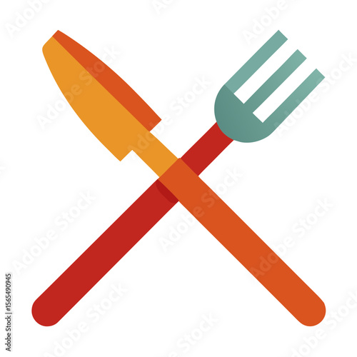 Orange knife and teal fork crossed cutlery dining