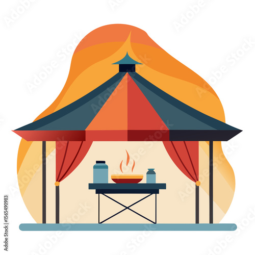 Outdoor pavilion with food and drinks table