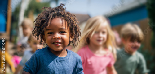 Happy, multiethnic children running and playing on a playground in the park.