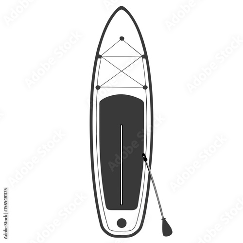 Dark grey stand up paddleboard with paddle and bungee cords water sports ocean