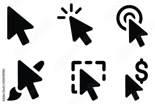 Collection of six black computer mouse pointer icons isolated on white background