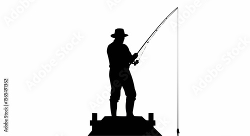 Fishing Person on Dock Vector – Silhouette for Outdoor Recreation, Nature, and Leisure Activity Concepts

