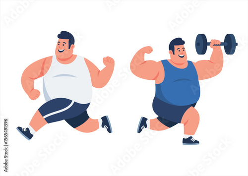 Flat Vector Illustration of Fat Men Doing Workout and Fitness Exercises