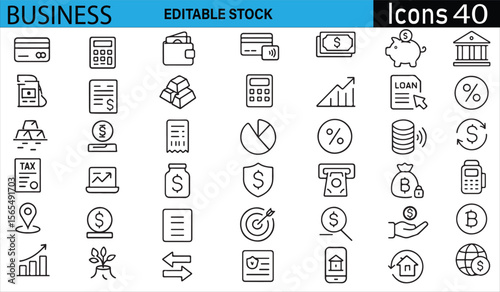 40 Modern Line Icons, Finance, Banking, and Business Growth; Editable Vector Graphics for Websites and Presentations