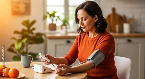 Poster about popularization and ease of health and blood pressure control, woman using smart devices to read tonometer readings and monitor measurement data, concept of daily well-being