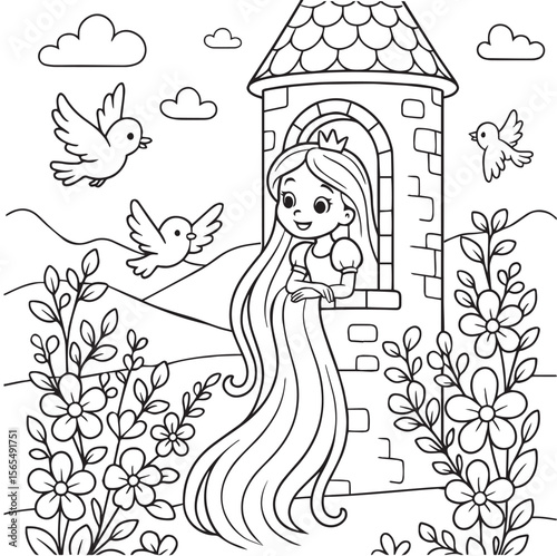 A charming fairy tale coloring page for children, featuring a princess with long flowing hair gazing out of a tower window. Surrounded by blooming flowers and flying birds