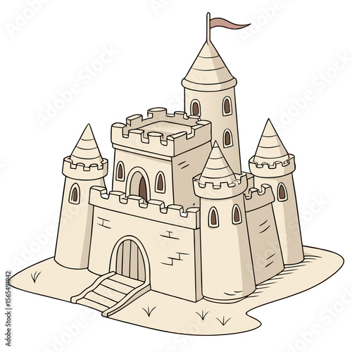 Sandcastle with towers and flag on grassy mound fortress battlements