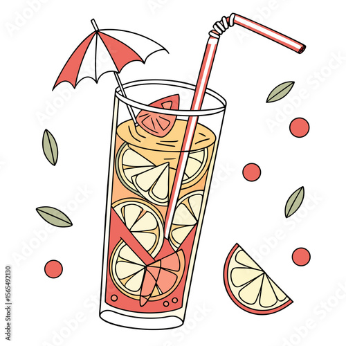 Tall glass of refreshing citrus drink with umbrella and straw cocktail lemon