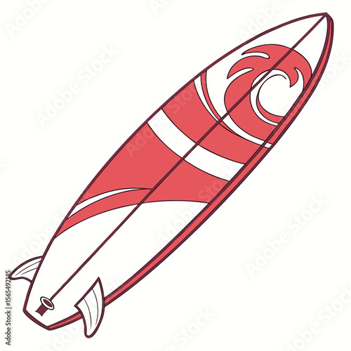 Red and white surfboard with wave design and fins water sport ocean