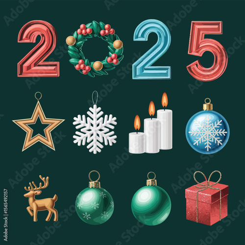 vector Happy New Year Celebrating 2025 in Latin letters , Christmas Decoration Items Santa Claus
