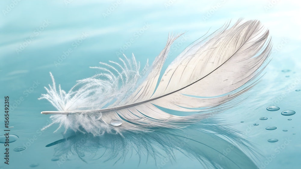 Fototapeta premium White Feather Floating On Light Sky Blue Background, Ai Generated