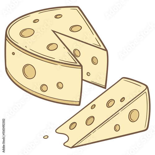 Yellow cheese wheel with slice and holes dairy food