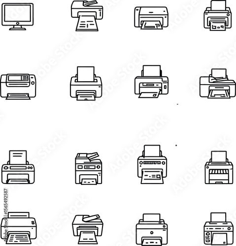 Black-and-White Vector Illustration of Printer & Monitor Icons – 16-Item Office Equipment Grid