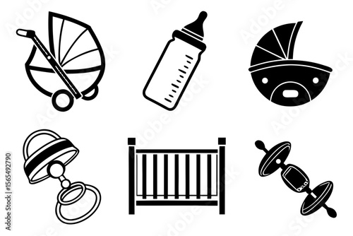Vector art of baby items including a crib and stroller isolated on white background