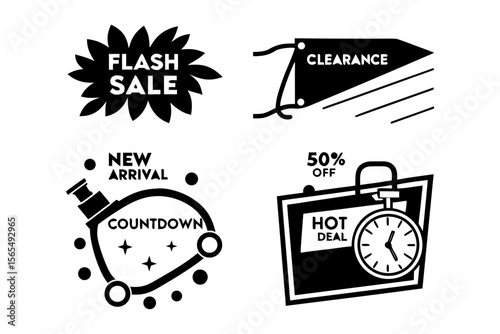 Vector art of flash sale and discount icons isolated on white background