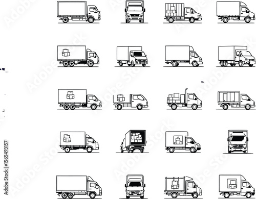 Black-and-White Vector Illustration of Commercial Trucks – 20-Vehicle Transportation Grid