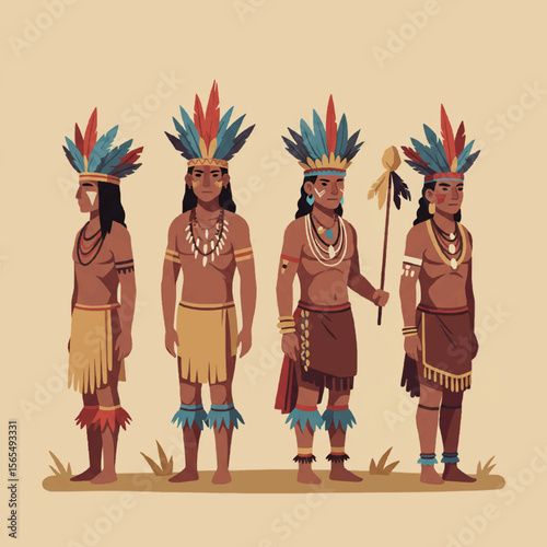 Indigenous People in Traditional Clothing and Feather Headdresses Illustration