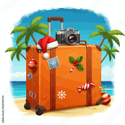 Christmas Tropical Travel Suitcase with Camera and Decorations on Beach