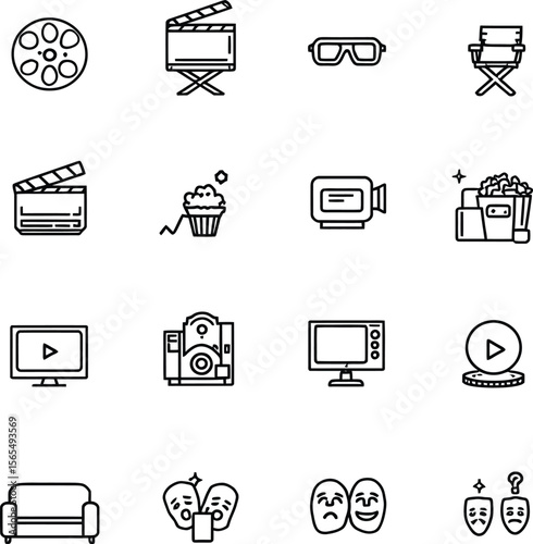 Black-and-White Vector Illustration of Entertainment & Home Cinema Icons – 16-Item Movie and Media Grid