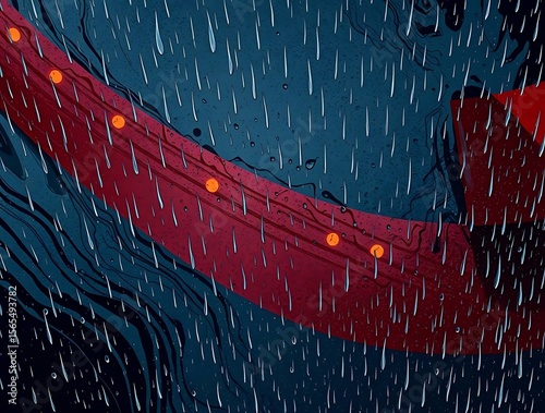 Stylized deluge artwork, with deep blues, crimson streaks and amber lights