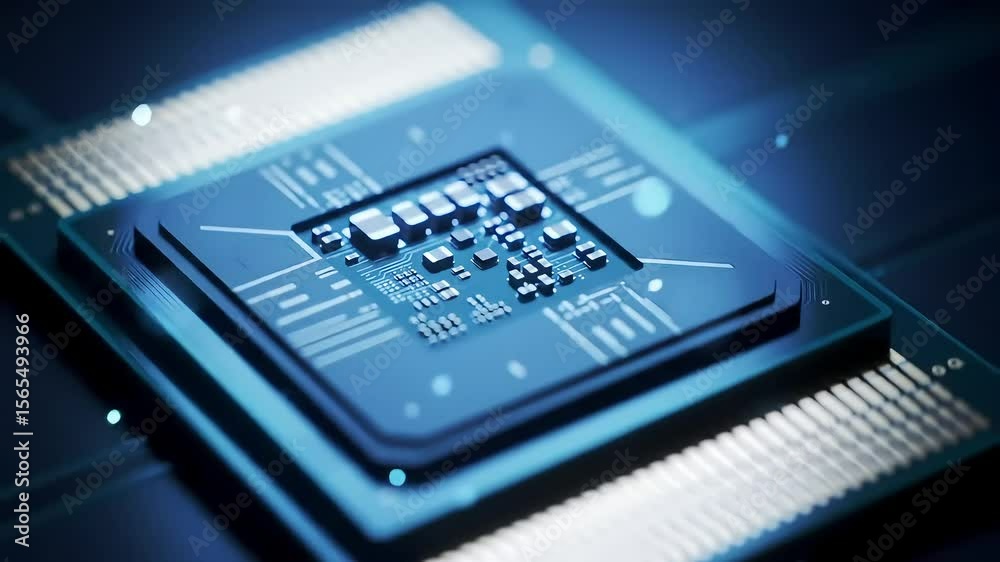 CPU, illuminated, closeup, for AI or technology, processing data, dark blue bokeh background, illustrating advanced computing