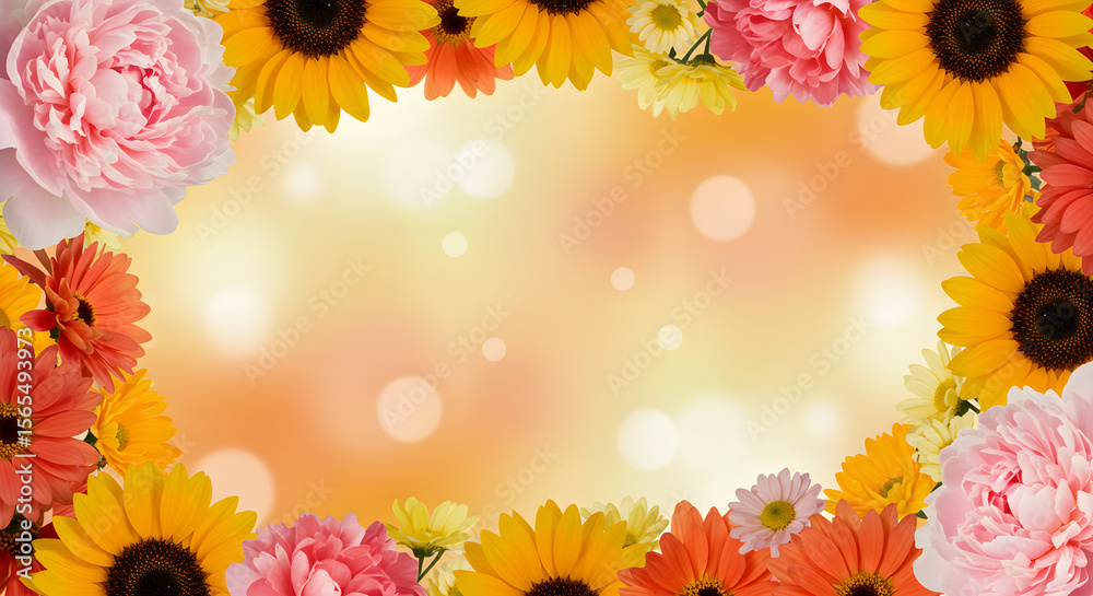 Fototapeta premium Colorful flower arrangement forms a vibrant frame around a soft, warm background.