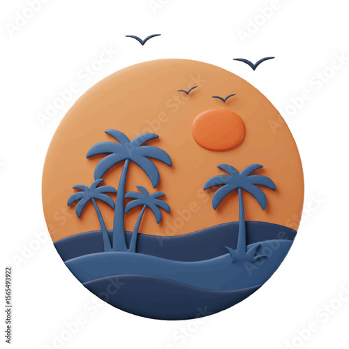 3D Render Stylized Tropical Beach Sunset Illustration