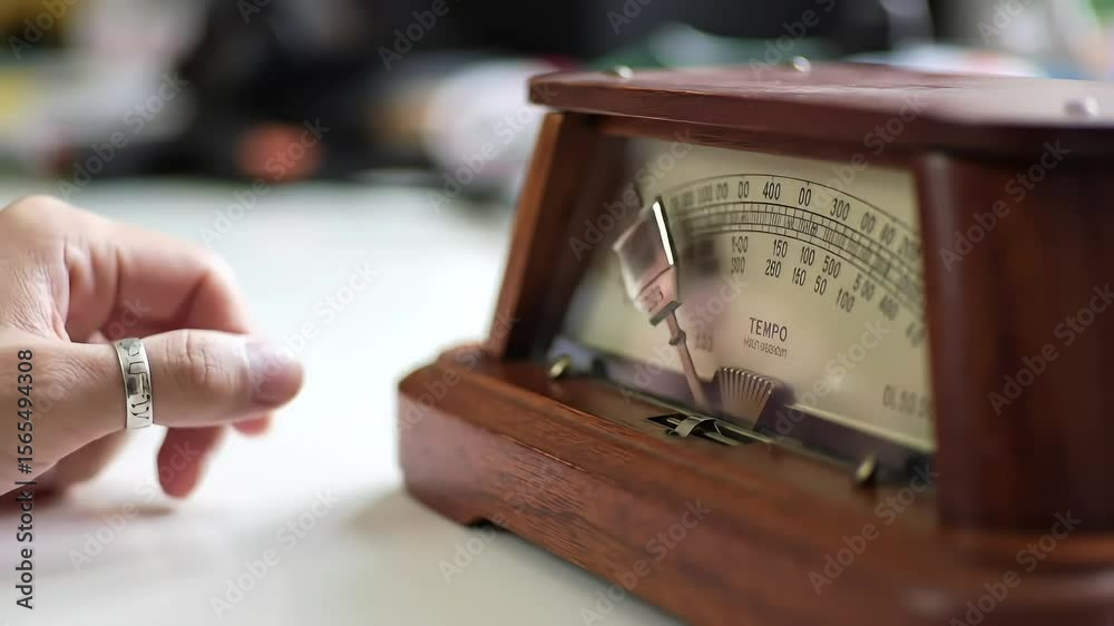 Hand with ring near wooden Tempo gauge. Action focuses on a meter, blurred background. Shows timing measurement