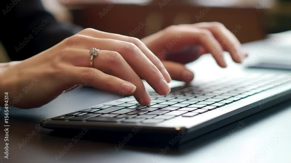Hands typing on keyboard in office, engagement ring visible; for digital work, communication Hands typing on keyboard in office, engagement ring visible; for digital work, communication