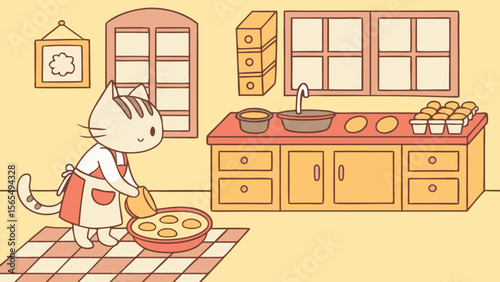 Cute cat baking cupcakes in kitchen illustration for kids recipe book and cooking themed design 100