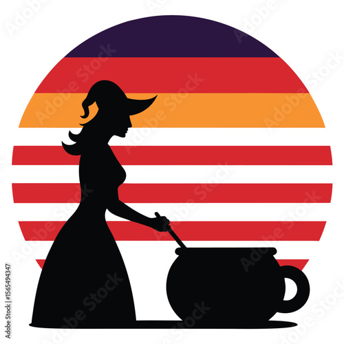 Retro Sunset Witch Brewing Potion Silhouette