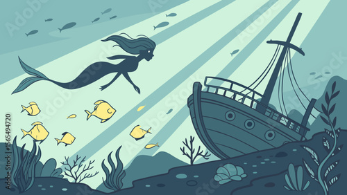 Mermaid swimming in ocean with shipwreck and fish illustration vector graphic design underwater scene art