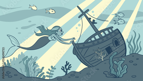 Mermaid exploring shipwreck underwater cartoon illustration nautical ocean sea adventure treasure hunt vector art