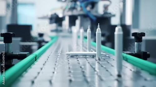 Pharmaceutical vials on conveyor belt in a factory setting. Manufacturing process with blurred background