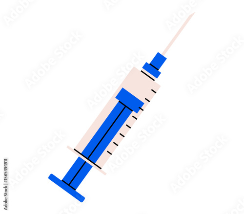 Hand drawn cute cartoon illustration of plastic syringe. Flat vector injection medical tool doodle. Health care treatment sticker, icon. Hospital vaccination or administration of drugs. Isolated.