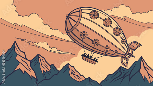 Vintage airship zeppelin flying over mountains vector illustration travel adventure transportation design