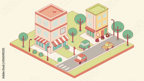 Isometric city illustration with buildings cars and trees vector art for graphic design and web design projects