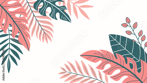 Tropical leaves background vector illustration with pink and green foliage design for summer and spring 100