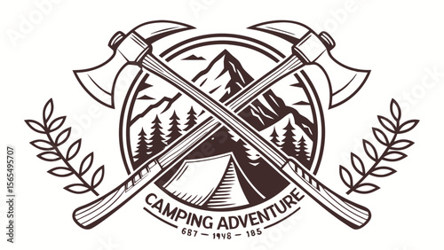 Camping adventure logo with crossed axes mountain and tent for outdoor travel and nature exploration