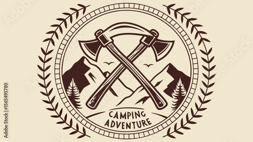 Camping adventure logo design with crossed axes mountains and laurel wreath for outdoor enthusiasts vector