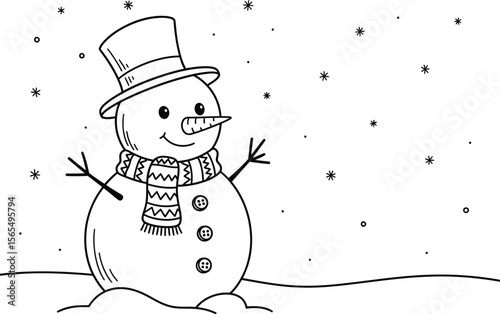 Cute cartoon snowman in a winter wonderland, celebrating Christmas with a festive tree, gift, hat, and scarf under a snowy December sky, perfect for a holiday card illustration