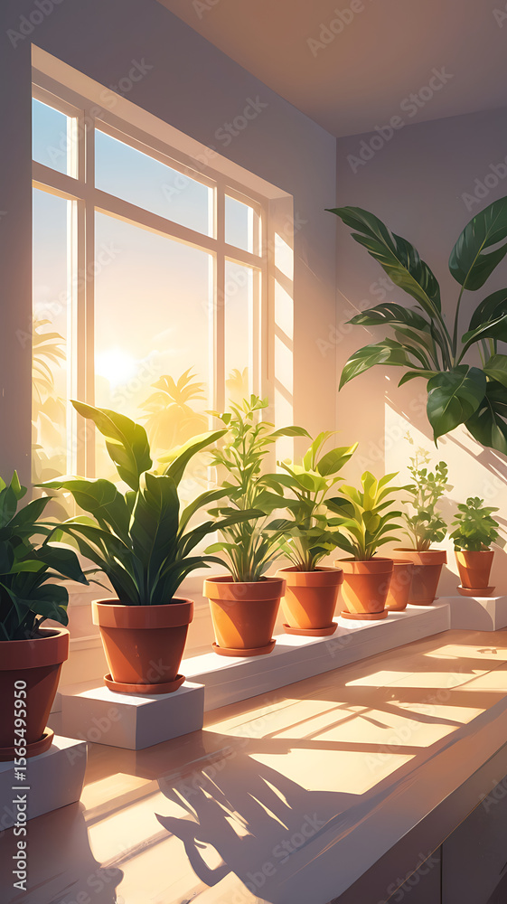 Fototapeta premium A row of vibrant potted plants on a sunny windowsill with beams of light creating soft reflections on the pots